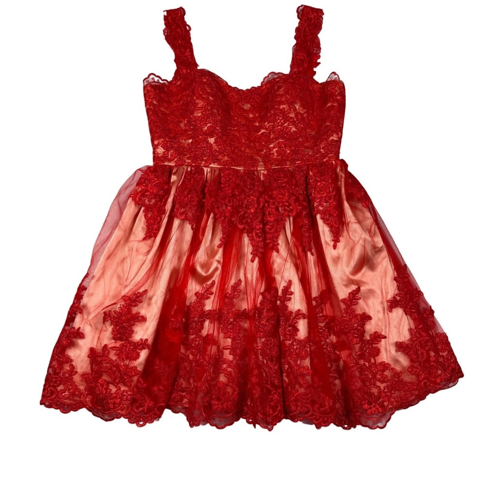 Hebeos Red Lace Coquette Homecoming Cocktail Dress Sweetheart Fit Flare Mini 8